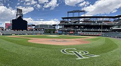 Behind home plate at Coors Field in 2022 Coors Field panorama 2022.jpg