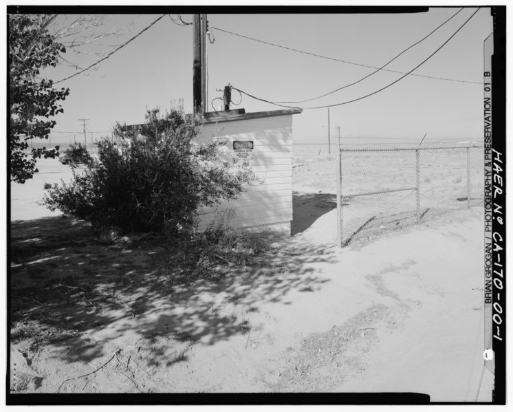 File:Credit BG. View looking west at the sewage pumping station. Note dust ditch in foreground - Edwards Air Force Base, North Base, Sewage Pumping Station, End of First Street, HAER CAL,15-BORON.V,2OO-1.tif