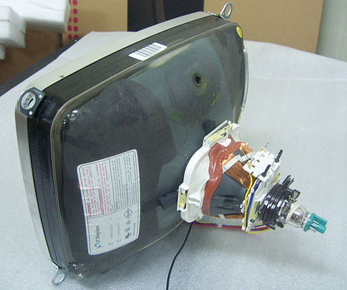 The rear of a 14-inch color cathode-ray tube showing its deflection coils and electron guns