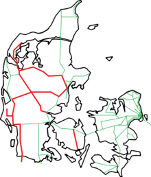 Kort over danmark, med Arrivastrækninger markeret