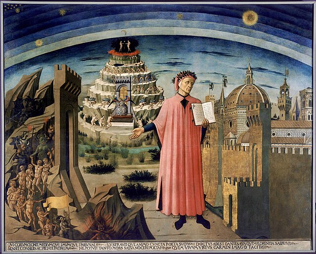 Dante shown holding a copy of the Divine Comedy, next to the entrance to Hell, the seven terraces of Mount Purgatory and the city of Florence, with th