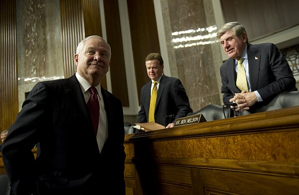 Defense Secretary Robert Gates and Senators Ben Nelson and Jim Webb prior to a hearing before the Senate Armed Services Committee on the START Treaty.