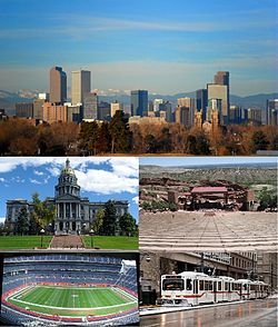 Top to Bottom, Left to Right: Denver Skyline, Colorado State Capitol, Red Rocks Amphitheatre, Sports Authority Field at Mile High, RTD Light Rail train Downtown.