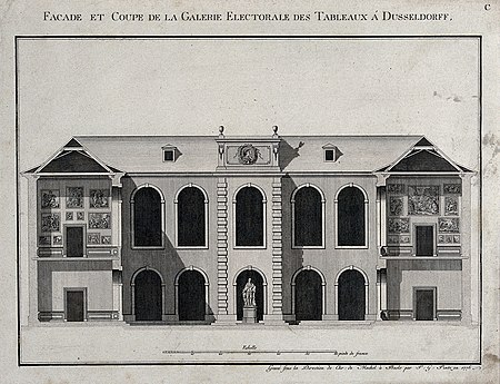 Die kurfürstliche Gemäldegalerie in Düsseldorf, Fassadenhöhe und Querschnitt der Flügel, um 1710