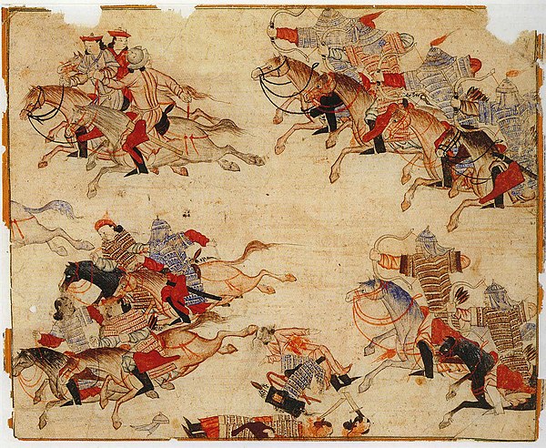 Ilkhanid depiction of mounted warriors pursuing enemies, from Rashid al-Din's Jami' al-tawarikh, early 14th century