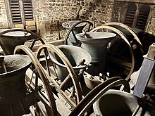 The church bells, in the inverted position Downton church bells Wiltshire.jpg