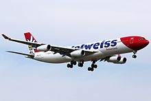 Edelweiss Air Airbus A340-300 on finals at Zurich.jpg