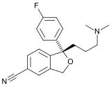 Escitalopram, a selective serotonin reuptake inhibitor (SSRI) used as an antidepressant. Escitalopram structure.svg