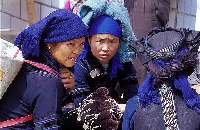 Typical daily attire of ethnic Hani in China. In Yuanyang County, Yunnan Province.