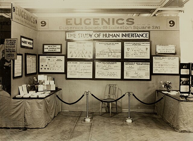 A 1930s exhibit by the Eugenics Society. Two of the signs read "Healthy and Unhealthy Families" and "Heredity as the Basis of Efficiency".