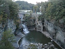 The view from Thurston Avenue Bridge of Fall Creek, Triphammer Falls, and the ruins of the Hydraulic Lab before it collapsed in 2009 Fall Creek (34237013).jpg