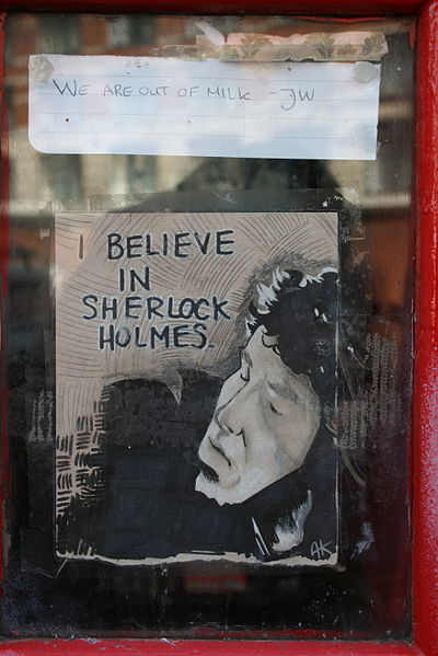 Fan art for the Sherlock TV series on an English telephone booth