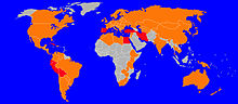 Fasciola hepatica prevalence. The countries in red are those with high prevalence, those in orange have low-medium prevalence. Fasciola hepatica prevalence.jpg