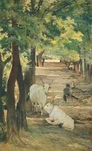 374 Tree-lined road with stonecutters and oxen label QS:Len,"Tree-lined road with stonecutters and oxen" 1880