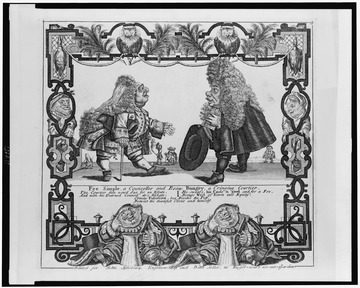 An illustration of a courtier and a landholder settling an estate: historically, fee tails were used to preserve the status of the landed gentry. Fee Simple, a councellor and Beau Bungey, a cringing courtier LCCN95513401.tif