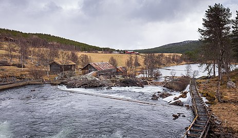 Fossehuset Museum, on the grounds of a former sawmill, Atnbrufossen waterfall, Norway