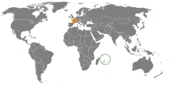 Karta koja pokazuje lokacije Francuske i Mauricijusa