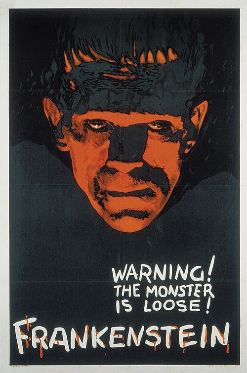 Theatrical teaser poster by 1930s Universal art director Karoly Grosz: "Warning! The Monster Is Loose!"