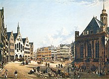 „Ansicht des Römerbergs mit der Nikolaikirche zu Frankfurt a. M.“ Kupferstich, 1822. Historisches Museum