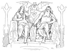 Frigg and Odin wagering against each other upon Hlidskjalf in Grimnismal (1895) by Lorenz Frolich, in a parallel with how she tricked Odin at his window in the Lombard myth. Frigg and Odin in Grimnismal by Frolich.jpg