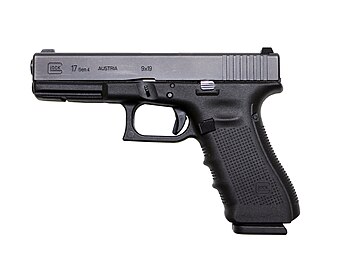 Ur bistolenn Glock 17 Gen 4. Ne weler ki ebet e penn ar gulasenn : un arm daou ober nemetken eo (DAO).