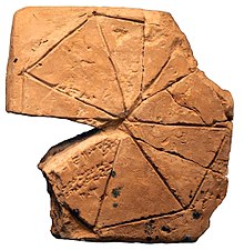 Geometry problem of the surface of a heptagon divided into triangles, on a clay tablet belonging to a school for scribes; Susa, the first half of the 2nd millennium BCE Geometry problem-Sb 13088-IMG 0593-white.jpg
