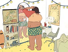 Drawing of a Filipino transmasculine person wearing a binder and dressing in front of the mirror. Getting ready in mirror - Campbell Royales for Disabled And Here.jpg