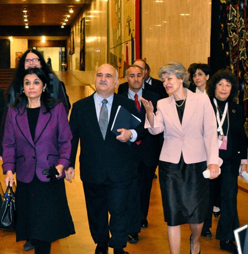Prince El Hassan bin Talal with Irina Bokova during his visit to UNESCO Headquarters in Paris (2011).