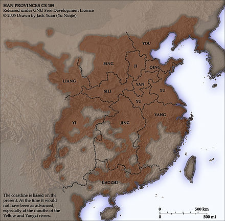 Map of Chinese provinces in the prelude of Three Kingdoms period.(In the late Eastern Han dynasty, 189 CE).