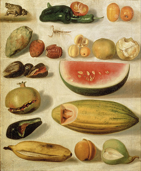File:Hermenegildo Bustos - Still life with fruit (with scorpion and frog) - Google Art Project.jpg