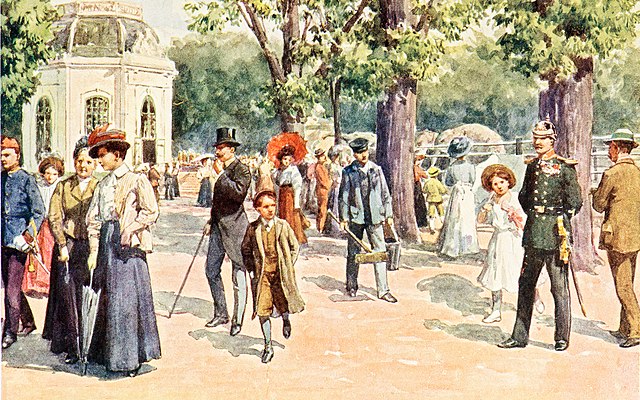 Zoo visitors at the zoo (historical postcard)