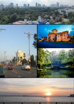 Clockwise from top: Johor Bahru city centre, Sultan Ibrahim Building, City Rainforest, Straits of Johor view from top of the Johor–Singapore Causeway and city street.