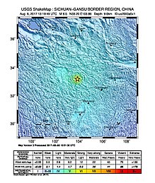 The distribution of the seismic intensity of this earthquake, where the epicentre is labelled with a star (USGS) Intensity-2017Nian Jiu Zhai Gou Di Zhen .jpg