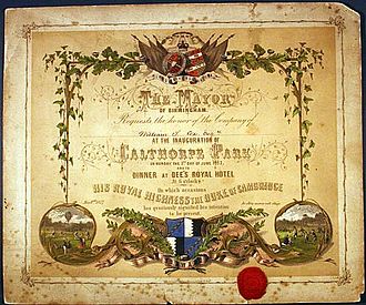 Invitation to the opening, issued to William Sands Cox, founder of Queen's Hospital Invitation to the Opening of Calthorpe Park, Birmingham.jpg