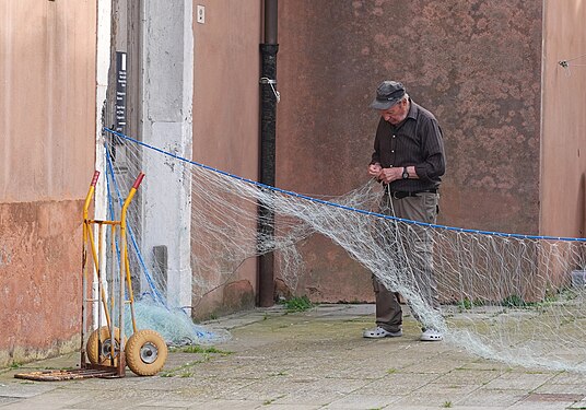 Fisherman in Burano untangling the knots in his net, Italy