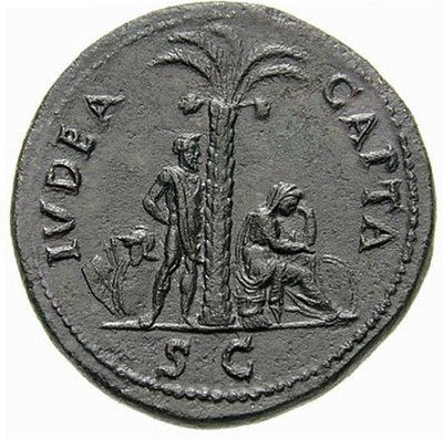 A Roman coin inscribed Ivdaea Capta, or "captive Judea" (71 CE), representing Judea as a seated mourning woman (right), and a Jewish captive with hand