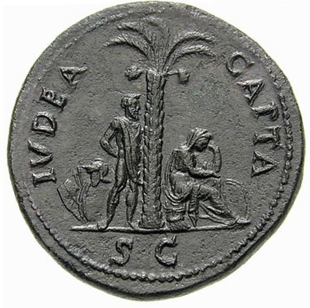 A Roman coin inscribed Ivdaea Capta, or "captive Judea" (71 CE), representing Judea as a seated mourning woman (right), and a Jewish captive with hand