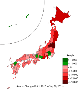 Japanese prefectures by annual population change (Oct 1, 2010 to Sep 30, 2011).