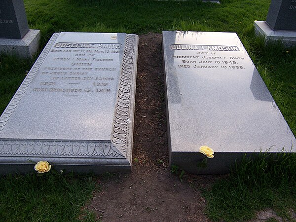 Grave marker of Joseph F. Smith, and Julina Lambson Smith, one of his wives