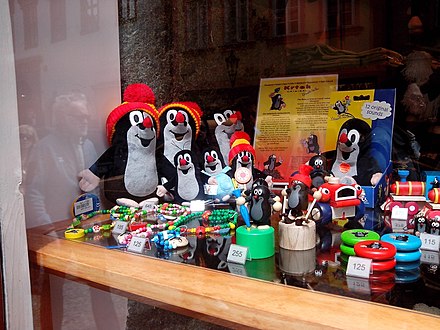 Krtek (The Mole) toys in a shop window. Krtek is a Czech cartoon character
