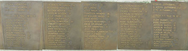 Pět bronzových desek se jmény popravených v úterý dne 30. června 1942 v 19.30
