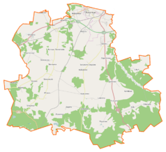 Mapa konturowa gminy Kobylnica, u góry nieco na prawo znajduje się punkt z opisem „Kobylnica”