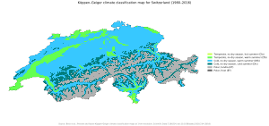 Koppen climate classification types of Switzerland Koppen-Geiger Map CHE present.svg