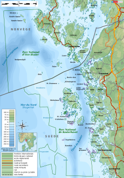 Kort over Ytre Hvaler og Kosterhavet nationalparker.  Koster-fjorden skiller sig tydeligt ud