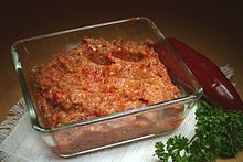Kyopolou (K'opoolu), a relish from the Balkans made from red bell peppers, eggplant and garlic. Kyopoolu bg.jpg