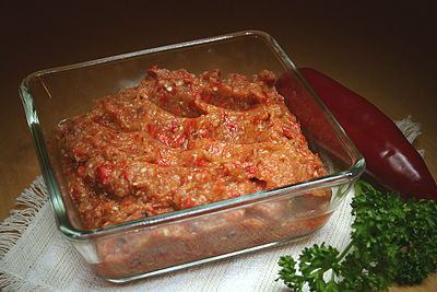 Kyopolou is a popular Bulgarian and Turkish relish made principally from roasted eggplants and garlic.
