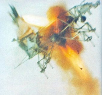 Test pilot Stuart Present ejects safely from crashing LLTV, 29 January 1971.