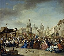 The Fair of Madrid in the Plaza de la Cebada by Manuel de la Cruz Vazquez, showing the fountain of La Abundancia at bottom (c. 1780). Museo del Prado. La Feria de Madrid en la plaza de la Cebada (Manuel de la Cruz Vazquez).jpg