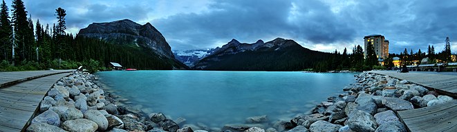 A panorama of Lake Louise at dusk