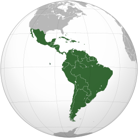 Map of Latin America and the Caribbean in green (United States and Canada in grey) Latin America and the Caribbean (orthographic projection).svg